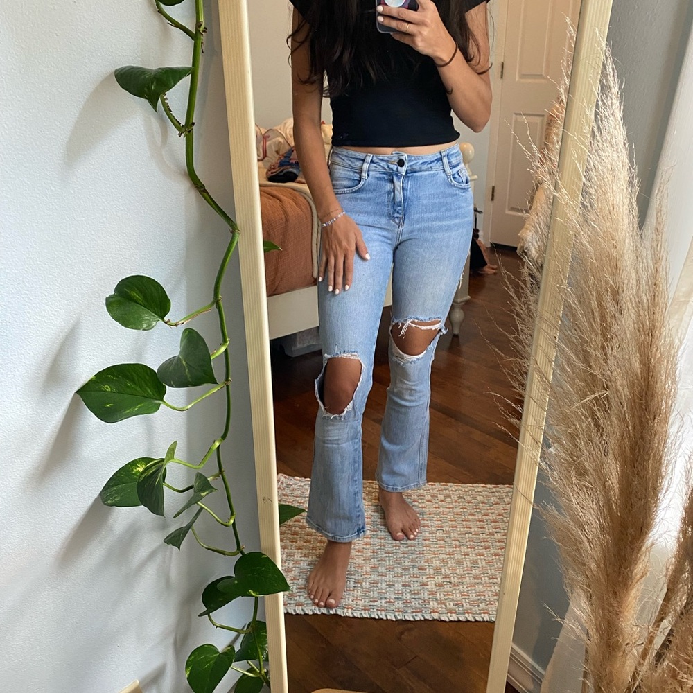 Zara Light Blue Distressed Flare Jeans